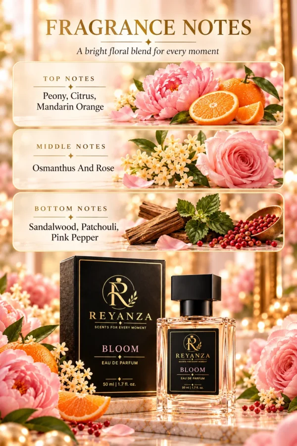 Reyanza Bloom fragrance notes with peony citrus mandarin orange osmanthus rose sandalwood patchouli and pink pepper