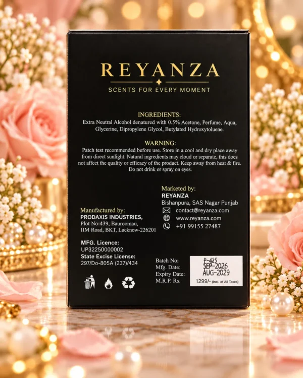details.webpBack of Reyanza Bloom perfume box showing ingredients warnings and manufacturer details