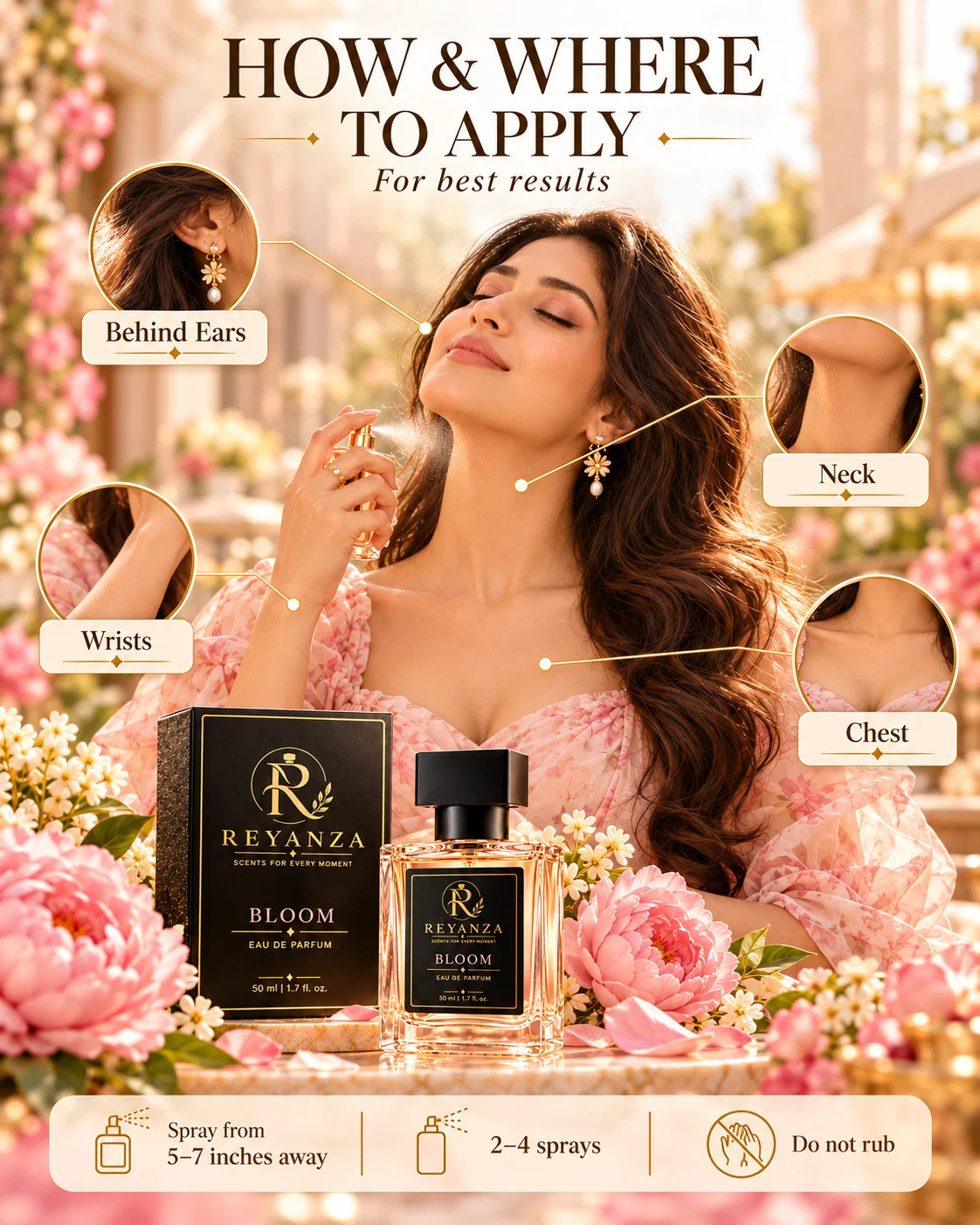 How to apply Reyanza Bloom perfume on neck wrists chest and behind ears