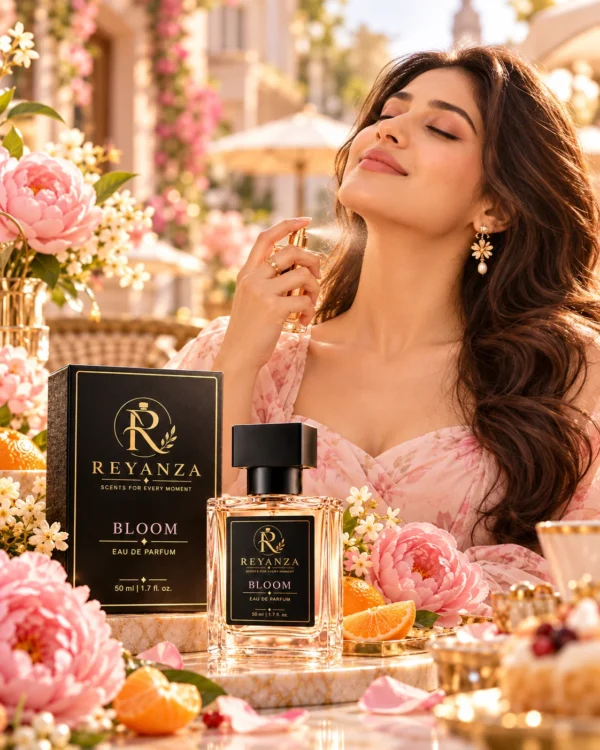 Woman applying Reyanza Bloom Eau de Parfum to her neck