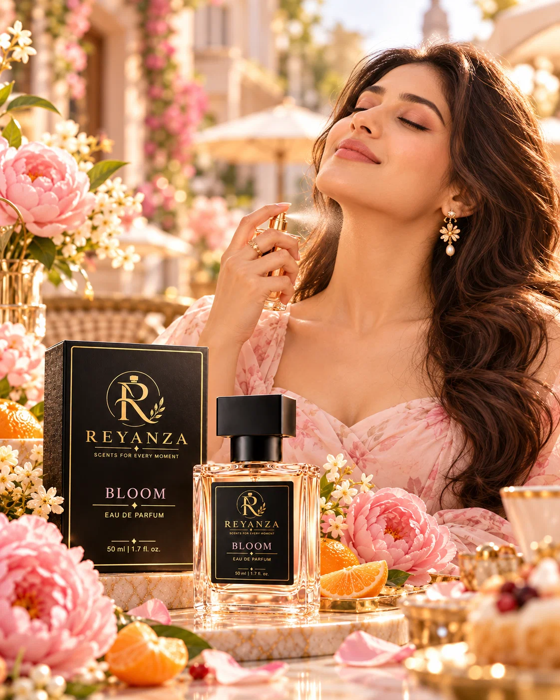 Woman applying Reyanza Bloom Eau de Parfum to her neck