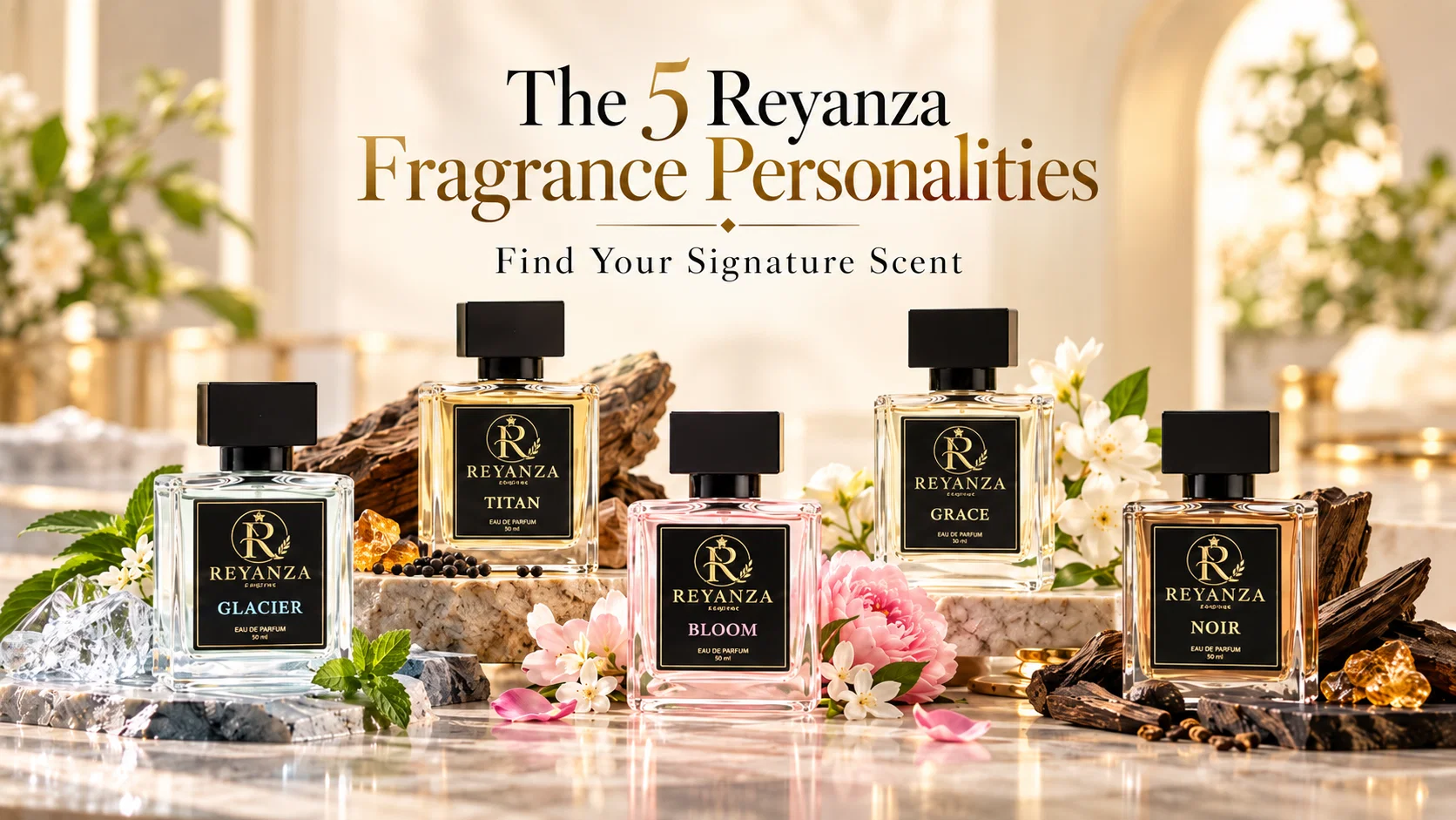 Reyanza five fragrance personalities featuring Glacier, Titan, Bloom, Grace and Noir perfumes
