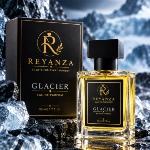 Reyanza Glacier Eau de Parfum 50 ml bottle with black and gold box in an icy premium setting