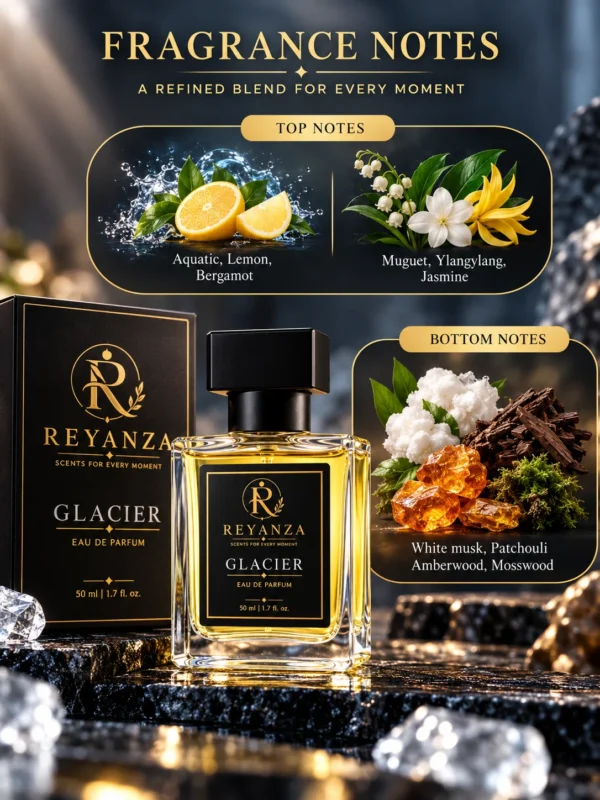 Reyanza Glacier fragrance notes with aquatic lemon bergamot, floral heart notes and woody musk base notes