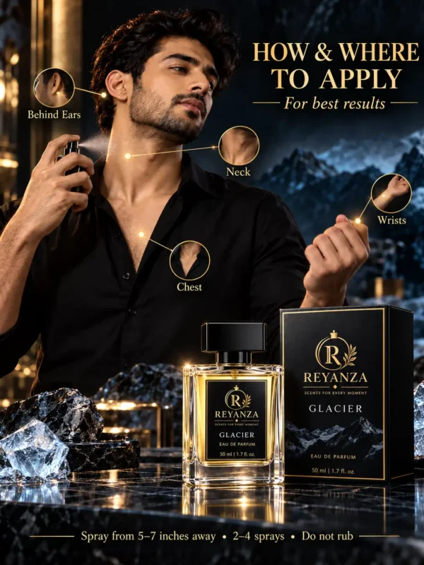 Man applying Reyanza Glacier perfume to pulse points including neck, wrists, chest and behind earsfloral heart notes and woody musk base notes