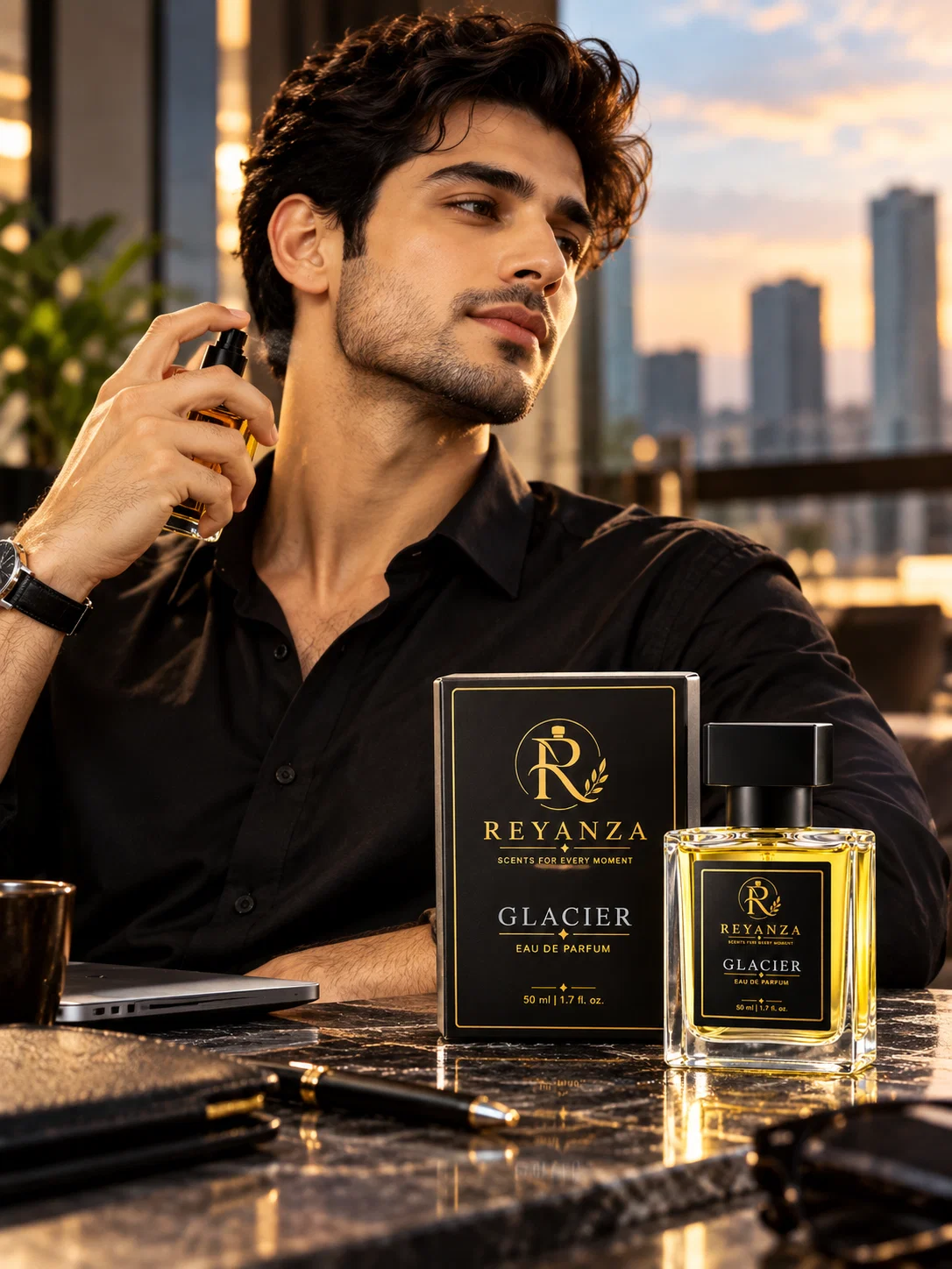 Young man applying Reyanza Glacier Eau de Parfum with bottle and box displayed nearby
