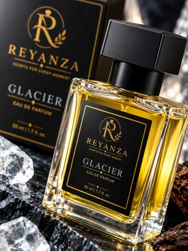 Close-up of Reyanza Glacier Eau de Parfum 50 ml bottle and black gold packaging