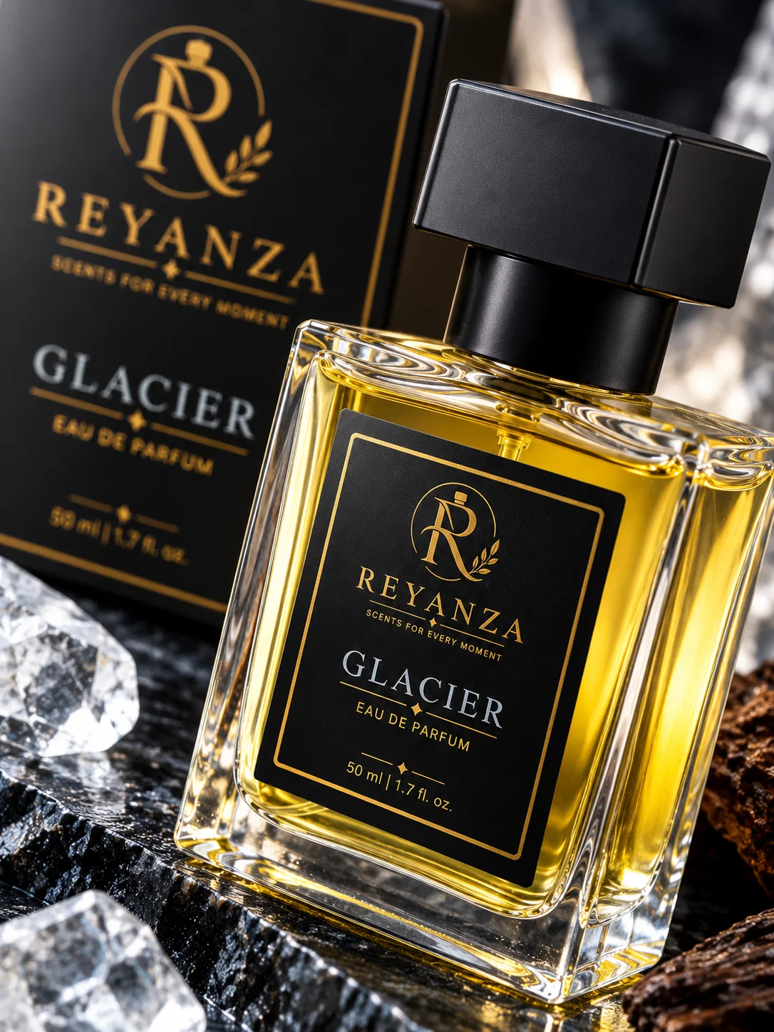 Close-up of Reyanza Glacier Eau de Parfum 50 ml bottle and black gold packaging
