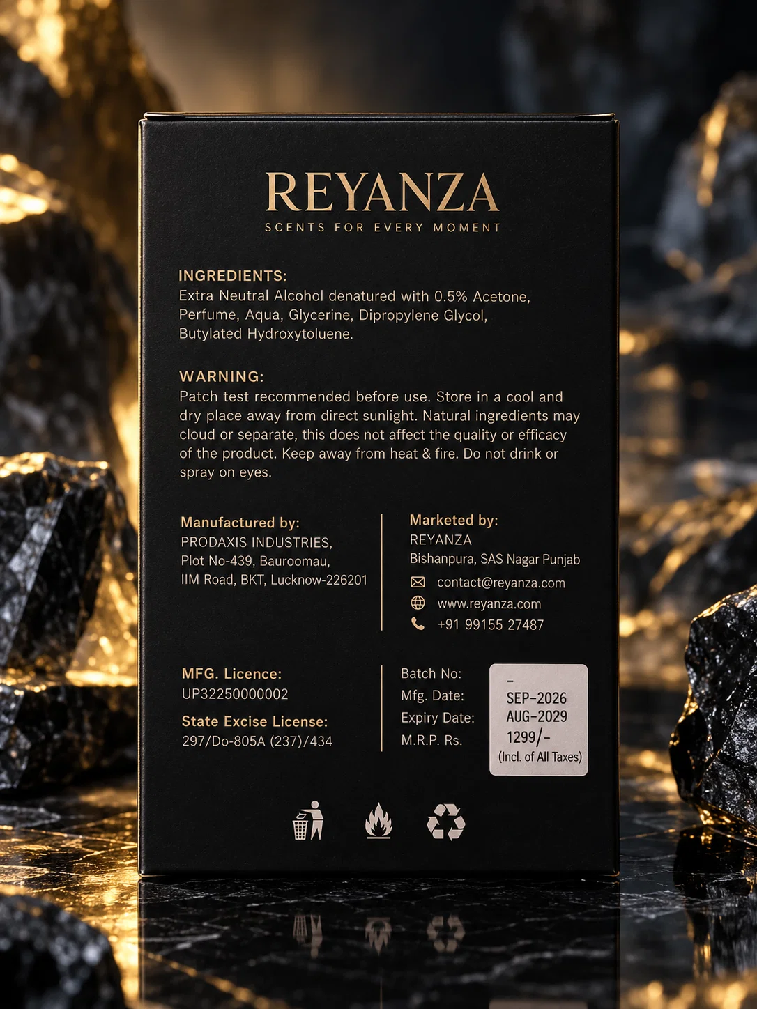 Back of Reyanza Glacier perfume box showing ingredients, warnings and product information
