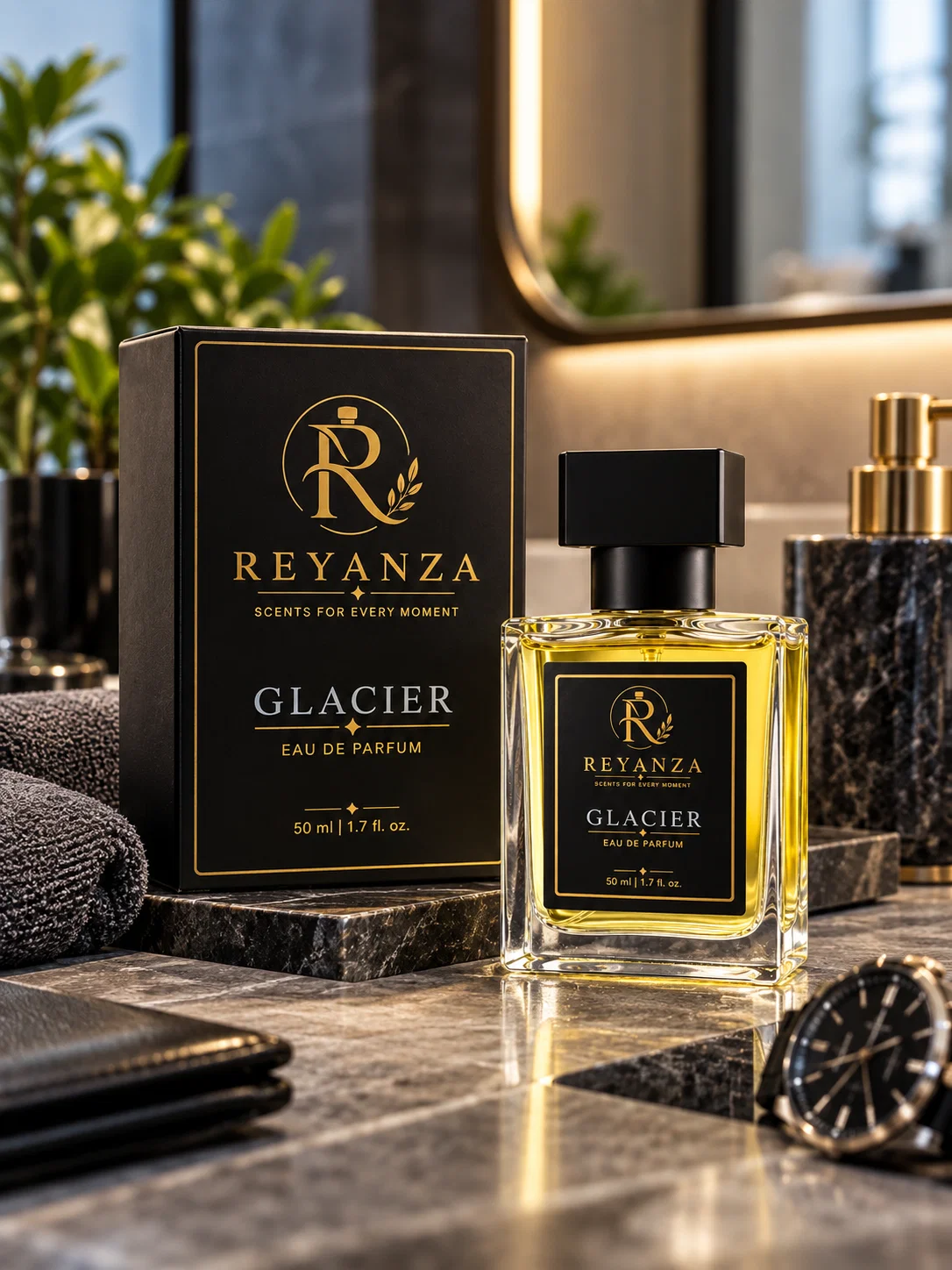 Reyanza Glacier perfume bottle and box displayed on a modern men’s grooming counter