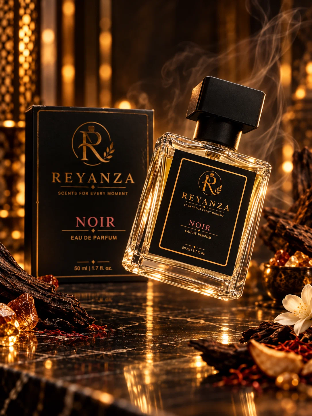 Reyanza Noir 50 ml unisex perfume bottle in a dramatic oud-inspired product setting