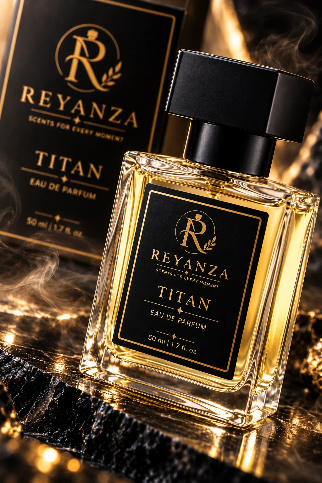 Close-up of Reyanza Titan 50 ml Eau de Parfum bottle for men