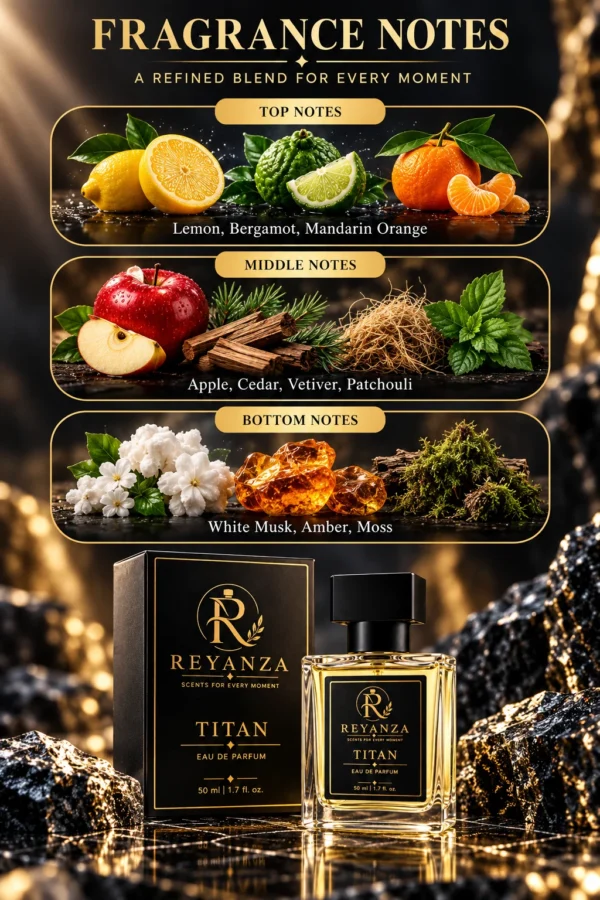 Reyanza Titan fragrance notes with lemon bergamot mandarin apple cedar vetiver patchouli musk amber and moss
