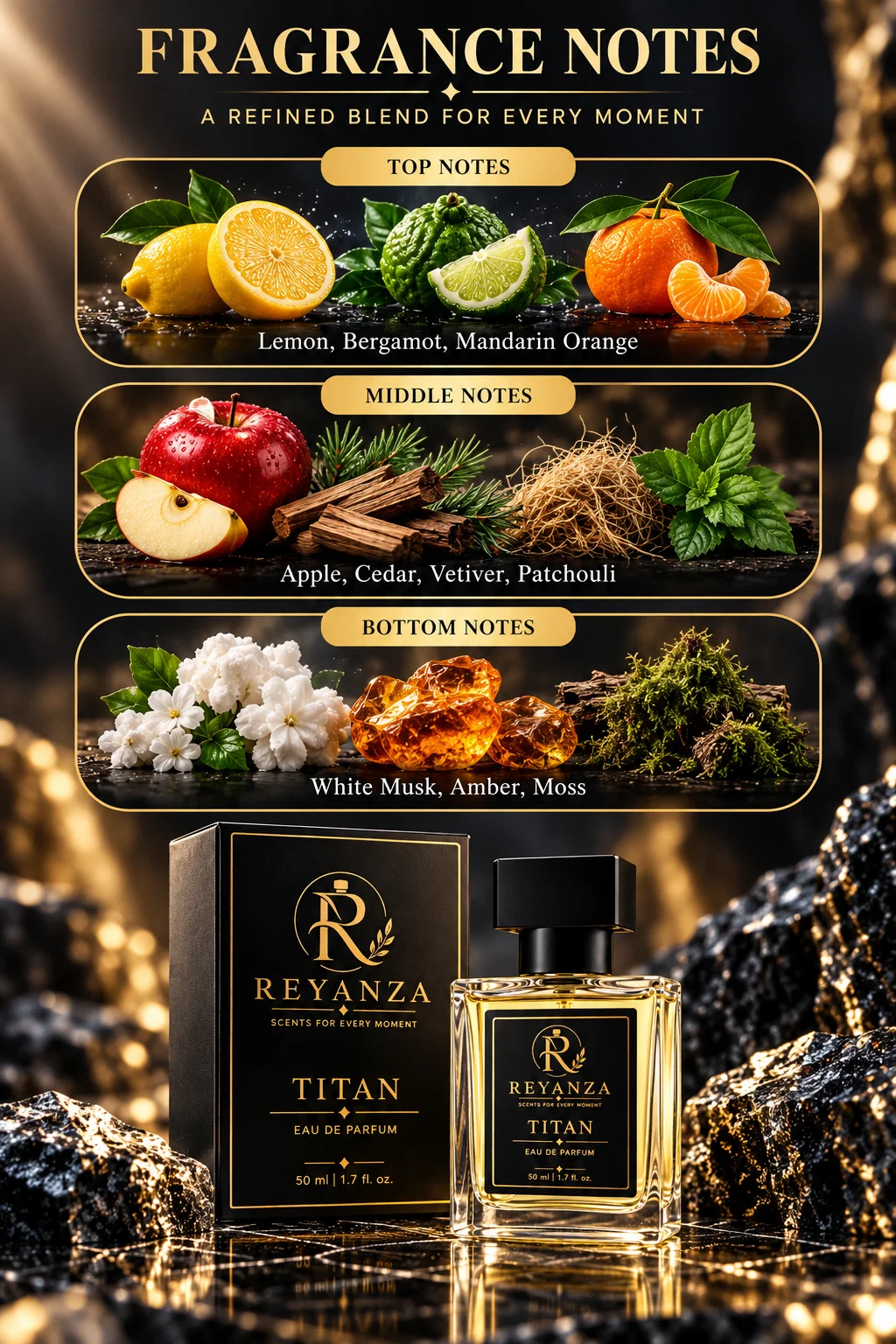 Reyanza Titan fragrance notes with lemon bergamot mandarin apple cedar vetiver patchouli musk amber and moss