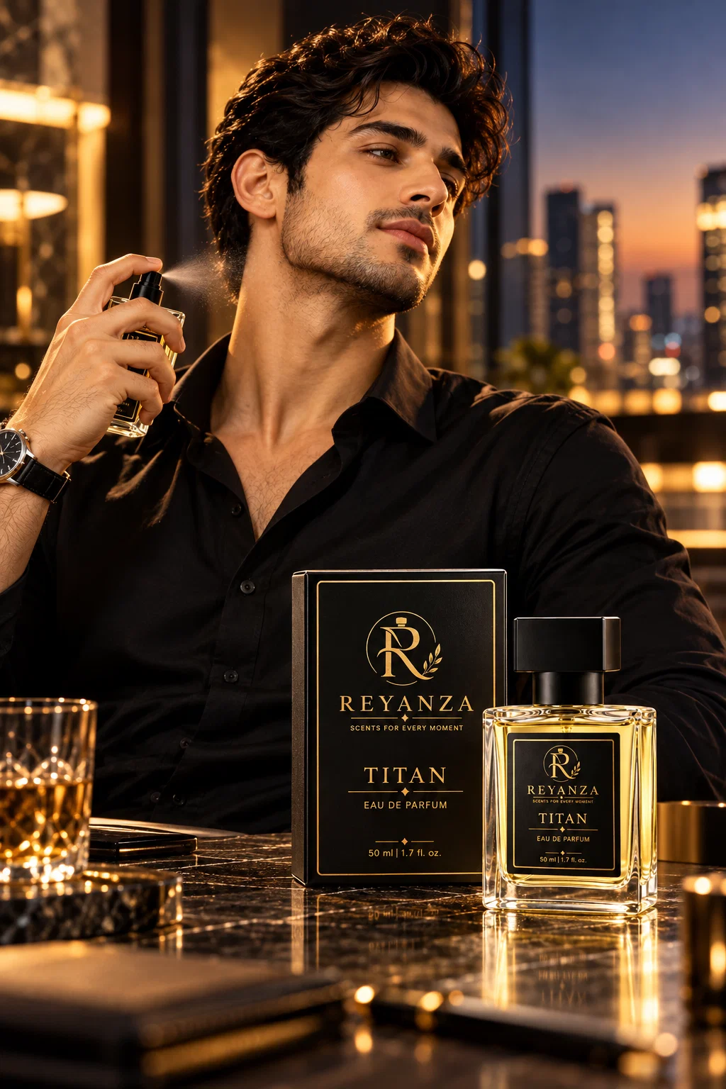 Man applying Reyanza Titan Eau de Parfum for an evening occasion