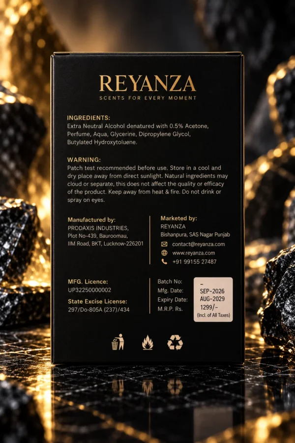 Back of Reyanza Titan perfume box showing product and manufacturer information