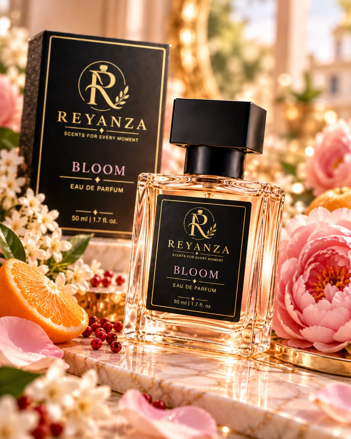 Close-up of Reyanza Bloom 50 ml Eau de Parfum bottle for wome
