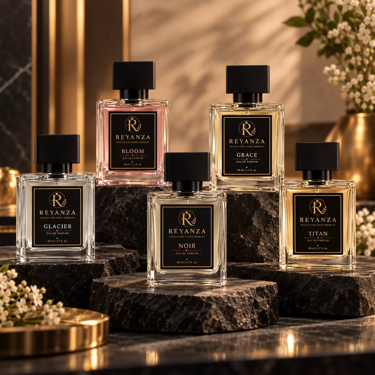 Reyanza perfume collection featuring Glacier, Titan, Bloom, Grace and Noir 50 ml fragrances