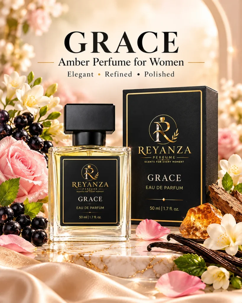 Reyanza Grace amber floral Eau de Parfum for women 50 ml with cassis, rose, vanilla and amber fragrance elements