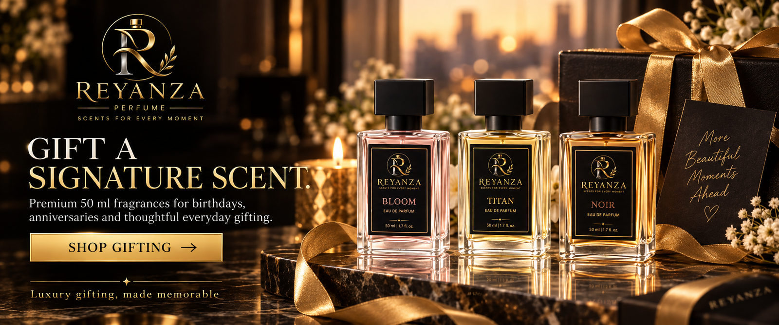 Reyanza perfume gift collection banner with premium fragrances for gifting