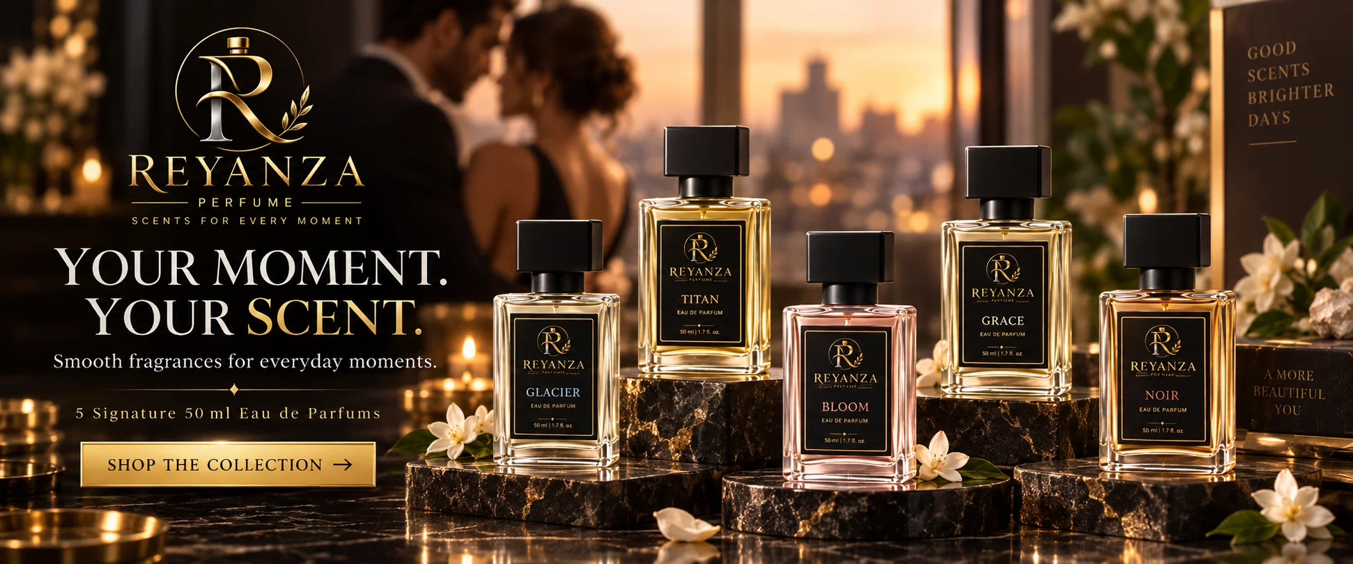 Reyanza luxury perfume collection with Glacier, Titan, Bloom, Grace and Noir 50 ml fragrances