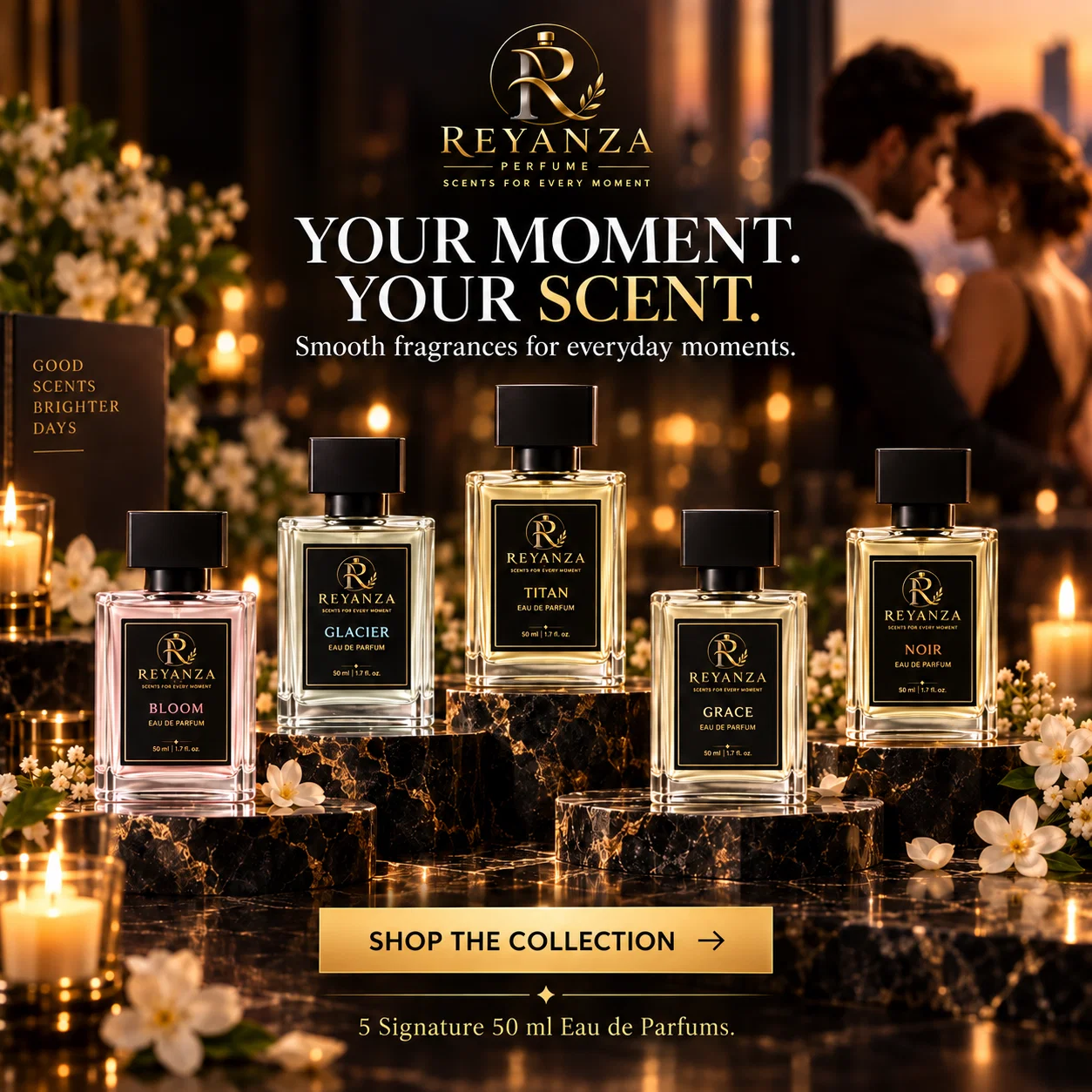 Reyanza perfume collection featuring Glacier, Titan, Bloom, Grace and Noir 50 ml fragrances