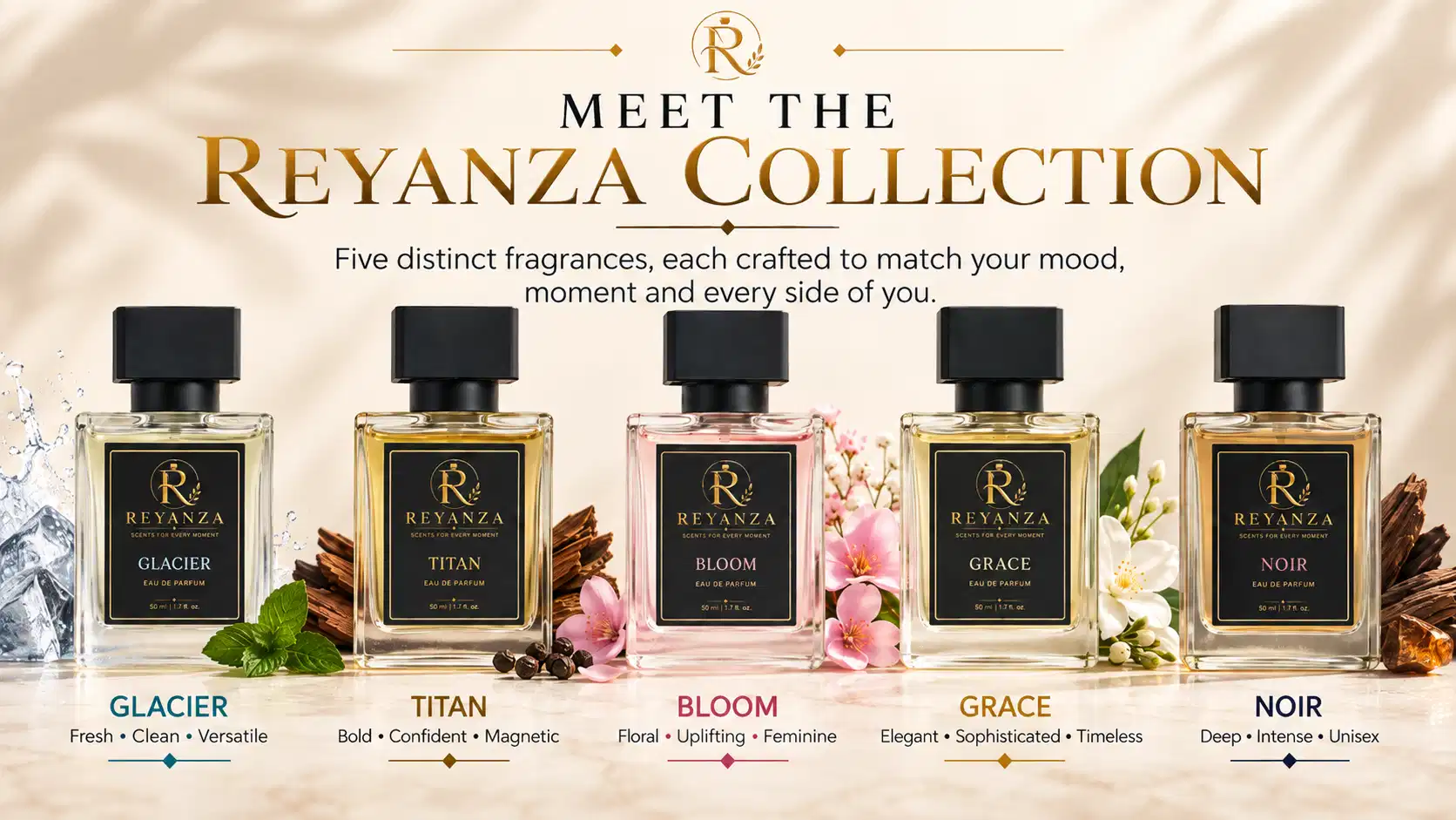 Reyanza perfume collection featuring Glacier, Titan, Bloom, Grace and Noir 50 ml fragrances