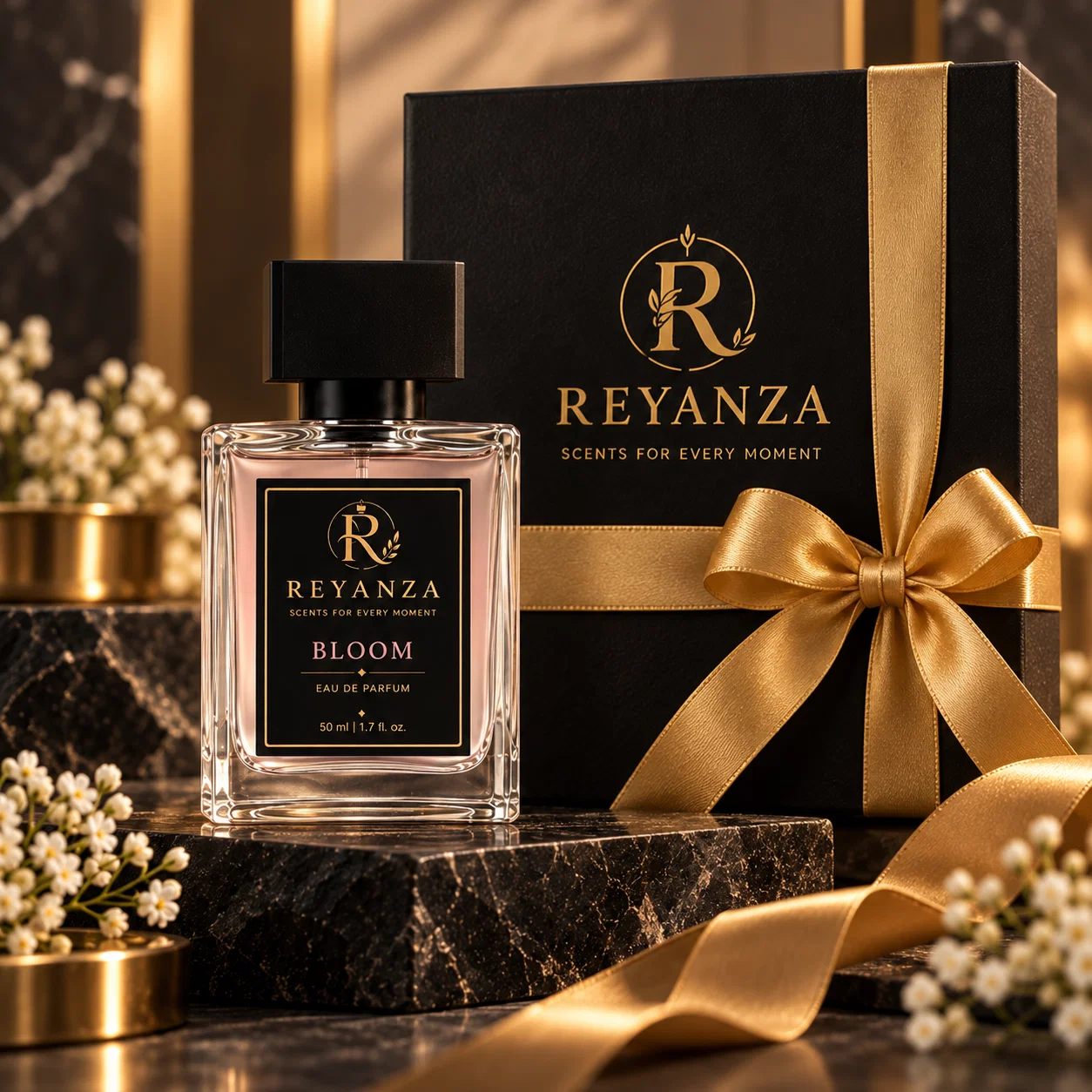Reyanza perfume gift presentation with 50 ml fragrance bottle and premium gift box