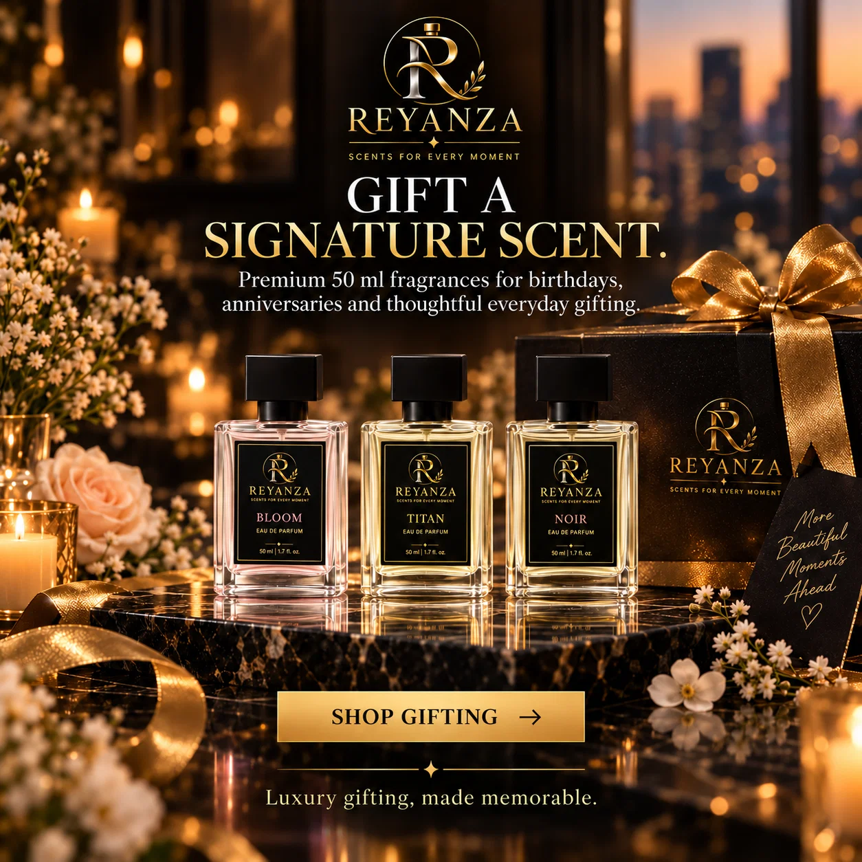 Reyanza perfume gift presentation with 50 ml fragrance bottle and premium gift box