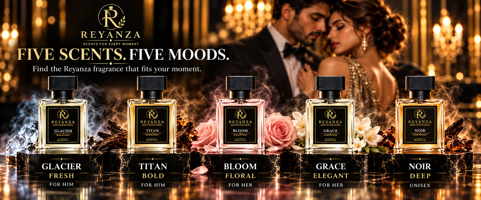 Reyanza Glacier Titan Bloom Grace and Noir fragrance collection with five scent personalities