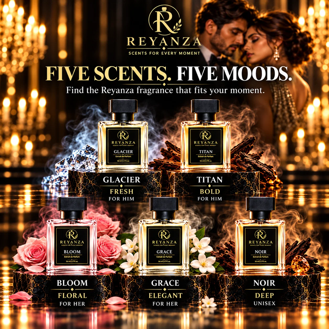 Reyanza Glacier Titan Bloom Grace and Noir fragrance collection with five scent personalities