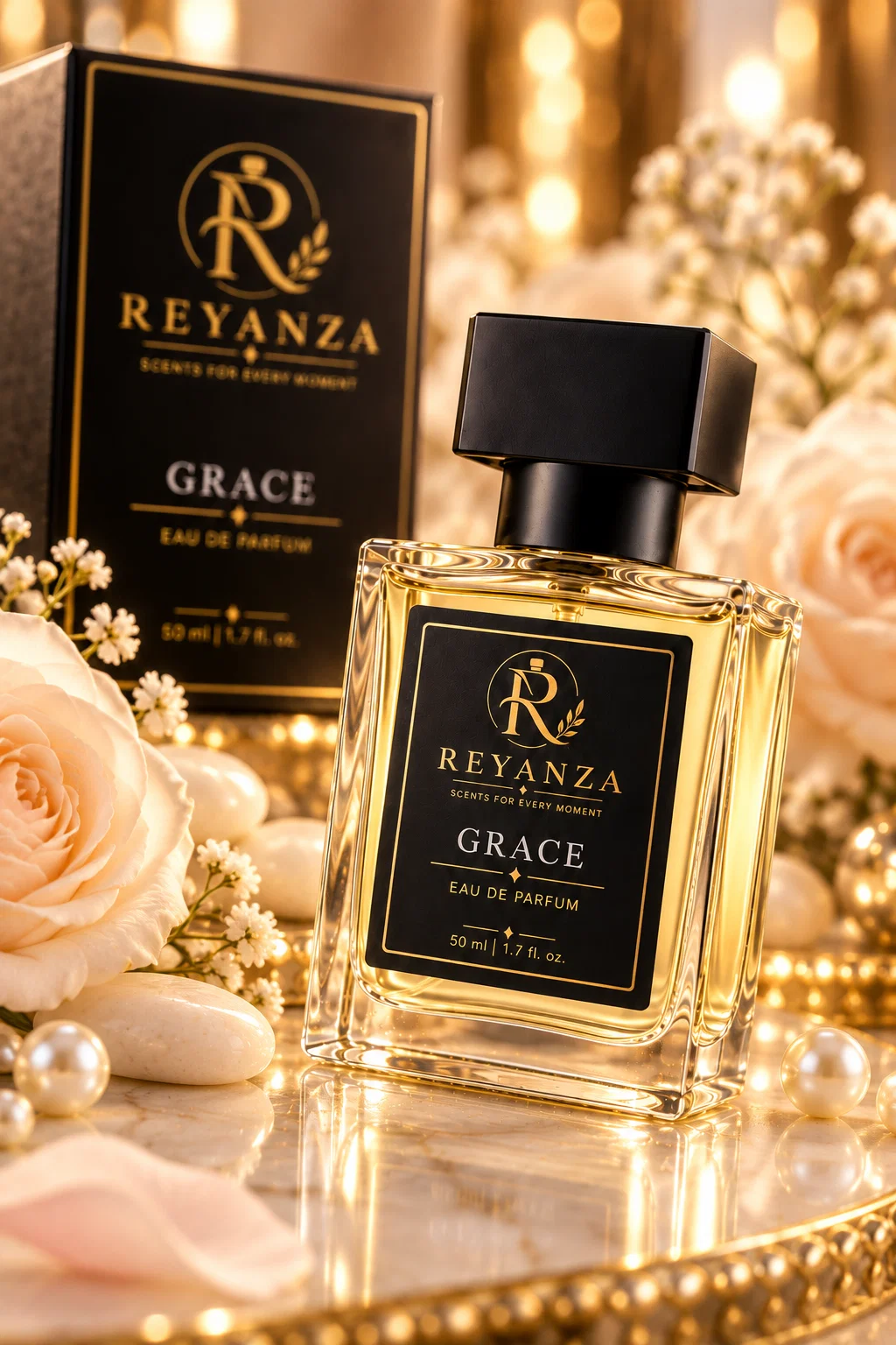 Close-up of Reyanza Grace 50 ml Eau de Parfum bottle for women