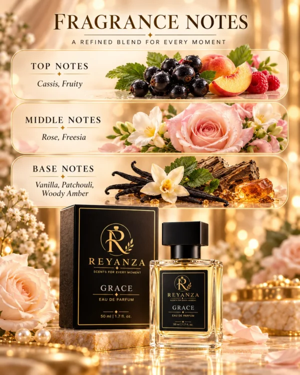 Reyanza Grace fragrance notes with cassis fruity rose freesia vanilla patchouli and woody amber