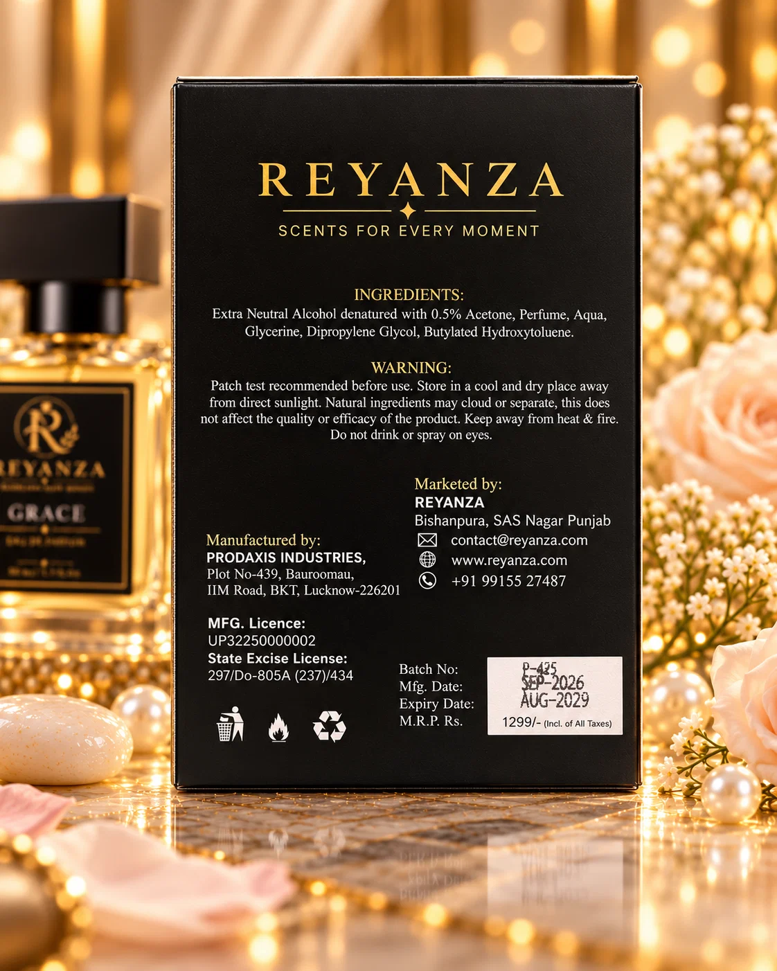 Back of Reyanza Grace perfume box showing ingredients warnings and manufacturer details
