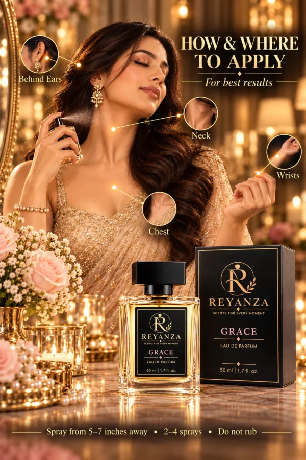 How to apply Reyanza Grace perfume on neck wrists chest and behind ears