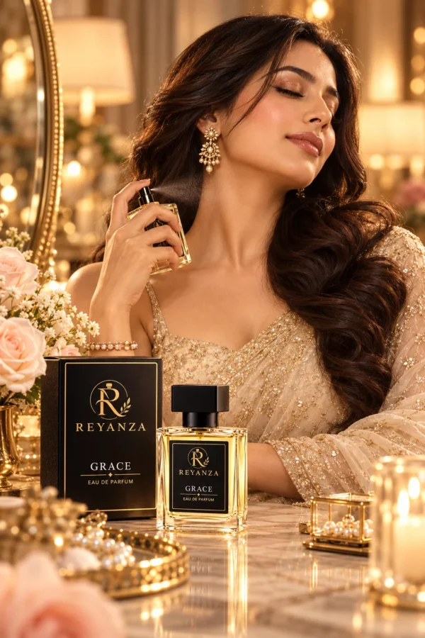 Woman applying Reyanza Grace Eau de Parfum in an elegant occasion setting