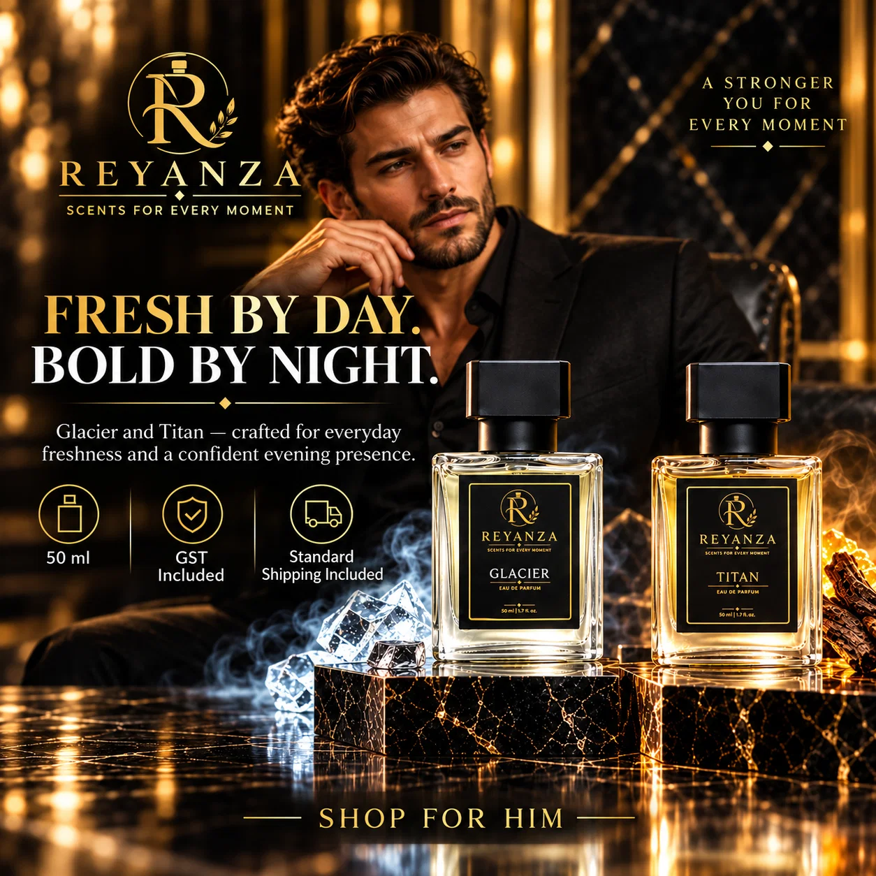 Reyanza Glacier and Titan perfumes for men – fresh by day, bold by night